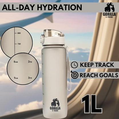 Black Water Bottle Time Marker (32oz) - Daily Intake Tracking - BPA Free & Leak Proof Protein Shake Bottle - Ideal for Gym, Office, School & Hiking