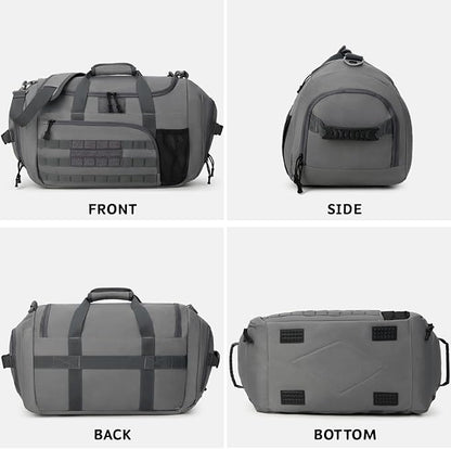 Gym Bag for Men Women, Sports Travel Duffle Bag with Shoe Compartment, 35L Waterproof Carry On Overnight Bag MOLLE System for Workout Fitness Travel Khaki