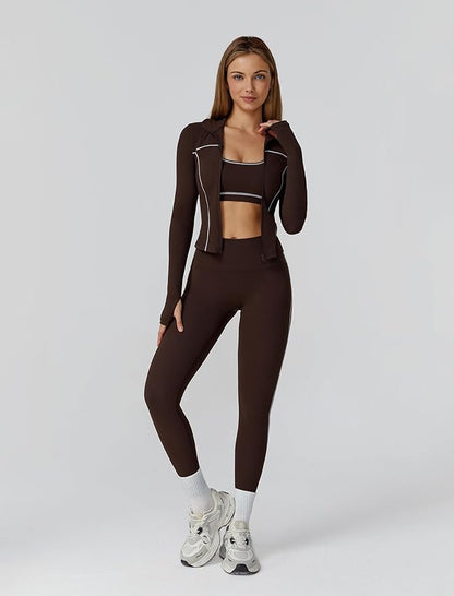Womens workout sets Contrast Long Sleeve Jacket with Sports Bra and Butt-lifting Pants Yoga Outfits 3 Pieces Set