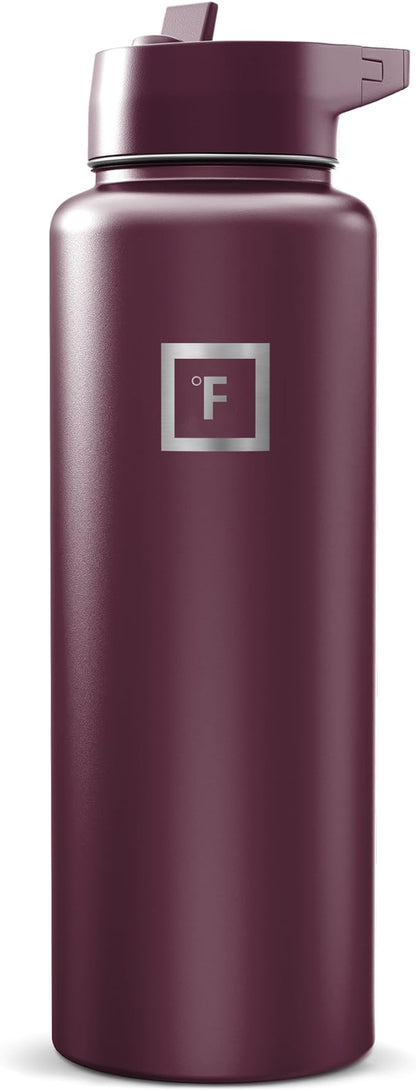 IRON °FLASK Camping & Hiking Hydration Flask with Straw, Wide Mouth Insulated Stainless Steel Sports Water Bottle - Burgundy 40 oz - Straw (1 Lid)