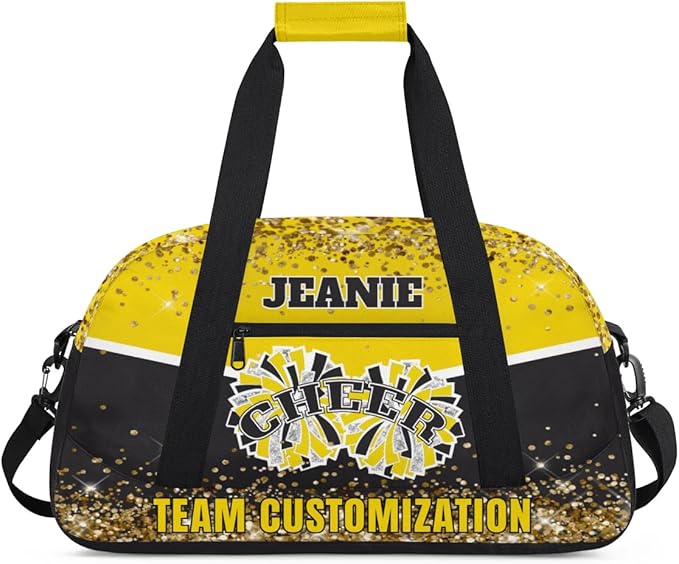 Personalized Cheer Gym Bags for Girls Kids Cheerleaders with Custom Name Sport Dance Perform Training Duffel Bags for Overnight Weekender Travel Yellow Black