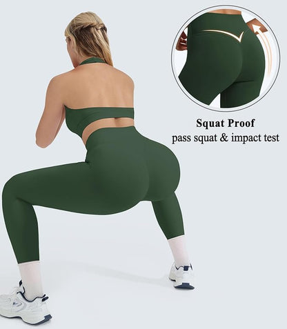 OMKAGI 2 Piece Workout Sets for Women Halter Sports Bras Gym Sets Booty Leggings Outfits