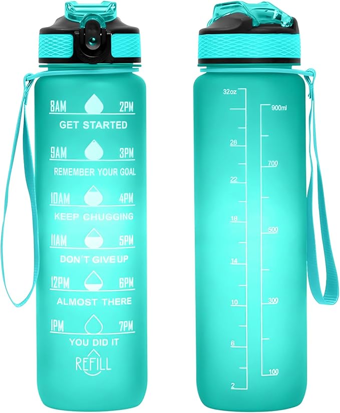 32 oz Motivational Water Bottle with Time Marker,Water Bottles with Times to Drink and Straw with Carrying Strap,Perfect For Fitness Gym Outdoor,BPA Free (Green)