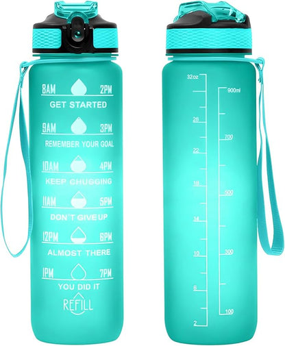 32 oz Motivational Water Bottle with Time Marker,Water Bottles with Times to Drink and Straw with Carrying Strap,Perfect For Fitness Gym Outdoor,BPA Free (Green)