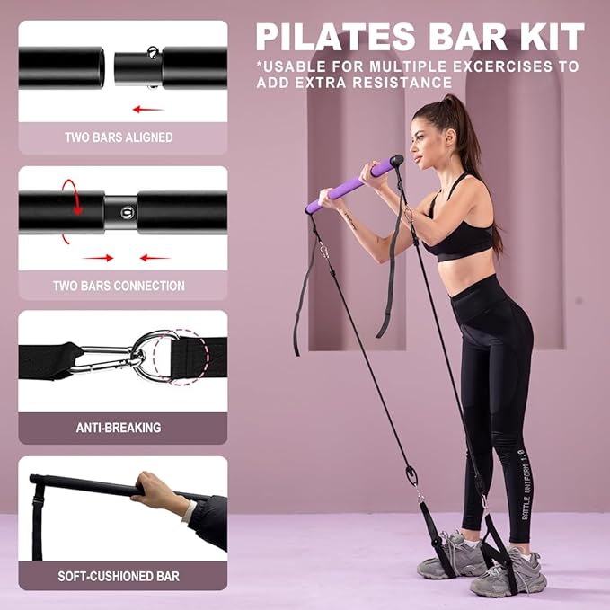 Pilates bar kit Multiple Fitness bar with Resistance Bands, Ab Rollers.Core Strength Training Equipment. Squat Machine for Men and Women.Portable Home Gym Pilates bar kit for Full Body Training Women