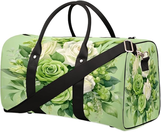 Travel Duffel Bag Flower Floral Green Sport Tote Gym Bag Waterproof Foldable Carryon Weekend Overnight Training Handbag Sports Duffle Bags for Women Men Boys Girls