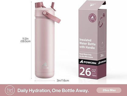 POWCAN 26 oz Insulated Water Bottle with 2-in-1 Straw and Spout Lid, Keep Cold 24H, Leak-Proof, Fits in Car Cup Holder, Stainless Steel Water Bottle for Sports, Travel, Gift and School (Cherry Meadow)