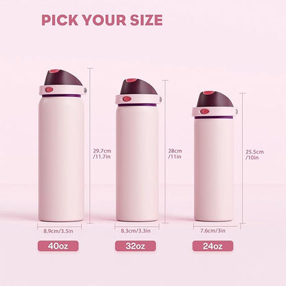 POWCAN 24 oz Stainless Steel Water Bottle: 2-in-1 Push-Button Spout & Quick-Flip Straw, Leakproof, Cold 24 Hrs, Fits Car Cup Holder, Insulated Bottle for Gym, School, Travel, Outdoor Gift (Plum Field)