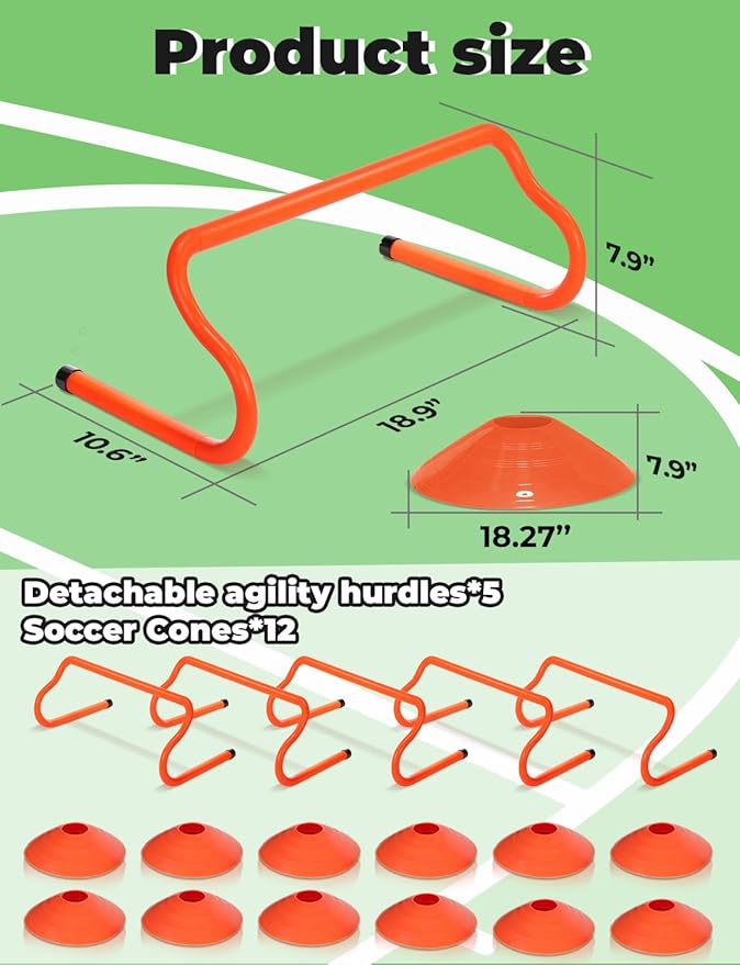 GHB Speed Agility Training Equipment, 5 Pack Agility Hurdles Soccer Cones 12 Pack Detachable Sturdy Hurdles Training Equipment Set with Carry Bag for Athletes,Soccer,Basketball