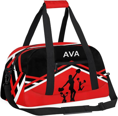 Personalized Cheerleading Dance Bag for Girls, Custom Name Sport Barrel Gym Bag Weekender Bags Carry On Travel Duffel Workout Training Bag, Red Black Cheerleaders Silhouette