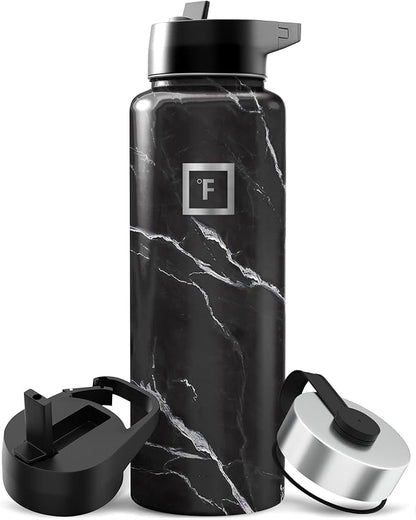 IRON °FLASK Camping & Hiking Hydration Flask with Straw, Wide Mouth Insulated Stainless Steel Sports Water Bottle - 40 oz Black Marquina