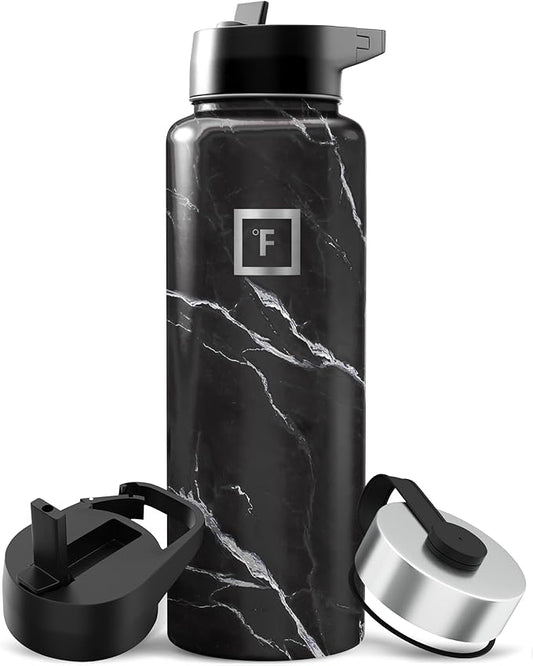 IRON °FLASK Camping & Hiking Hydration Flask with Straw, Wide Mouth Insulated Stainless Steel Sports Water Bottle - 40 oz Black Marquina