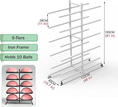 Organizer Holder Exercise Equipment Commercial Half Exercise Ball Holder Carts, Black Gold White 7-Tiers Balance Ball Trainer Storage Rack, Heavy Duty Fitness Gym Yoga Mat Container with Wheels
