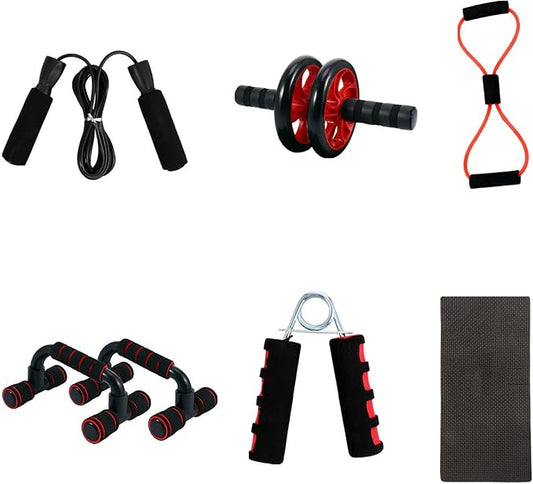 PRETYZOOM Abdominal Wheel Exercise Roller Set with Dual Red Wheels, 7pcs Core Training Kit with Knee Pads for Home Ab Workout, Unisex Fitness Equipment for Men and Women