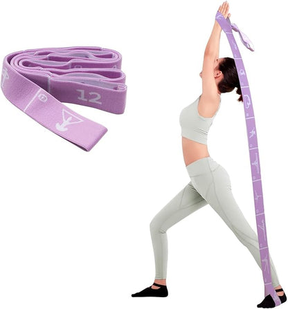 12 Loops Extra Long Yoga Stretching Band for Adults and Tall People, Adjustable Elastic Strap for Full Body Deep Stretch, Home Pilates, Ballet, Dance, Physical Therapy, Flexibility Training