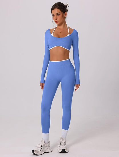 ABOCIW Workout Sets for Women Long Sleeve Crop Top Scrunch Butt Lifting High Waist Leggings 2 Piece Gym Yoga Outfits
