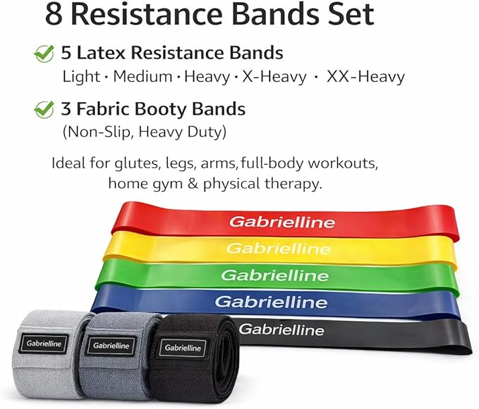 8-Piece Resistance Bands Set – 5 Latex Bands + 3 Fabric Booty Bands – Full Body Home Workout Kit for Women & Men