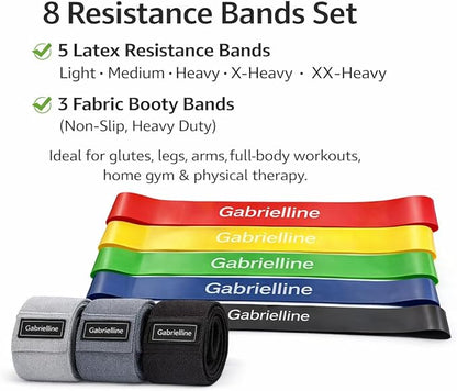 8-Piece Resistance Bands Set – 5 Latex Bands + 3 Fabric Booty Bands – Full Body Home Workout Kit for Women & Men