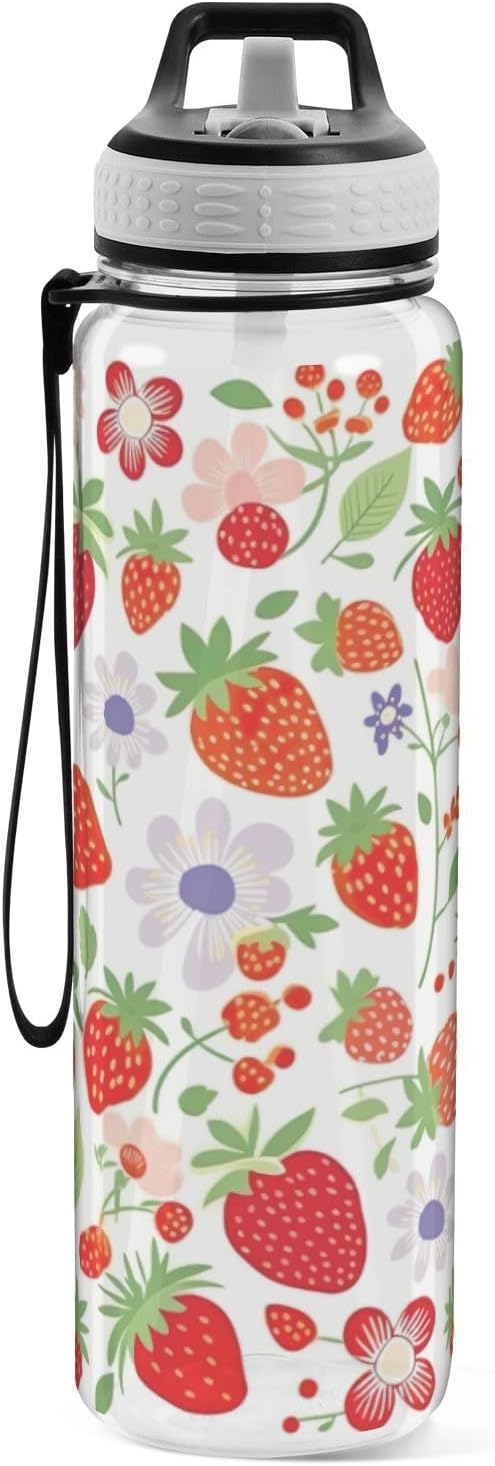 YETTASBIN Strawberry Flower Clear Water Bottle with Straw Lid, BPA-Free Leakproof Sport Water Bottle 32oz Large Gym Water Jug for Men Women Travel Fitness Outdoor