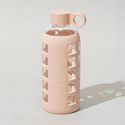 purifyou 40oz / 32oz / 22oz / 12oz Borosilicate Glass Water Bottle with Time & Volume Markers, Silicone Sleeve, Stainless Steel Lid | Reusable Glass Bottle for Water & Juice (22oz Hazelnut)