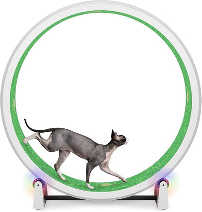 One Fast Cat - Cat Exercise Wheel - Gen. 7 - Safe 48" Diameter - Made in The USA - White Wheel with Tropical Frogs Foam Traction Pads and Light-Up LED Inline Wheels