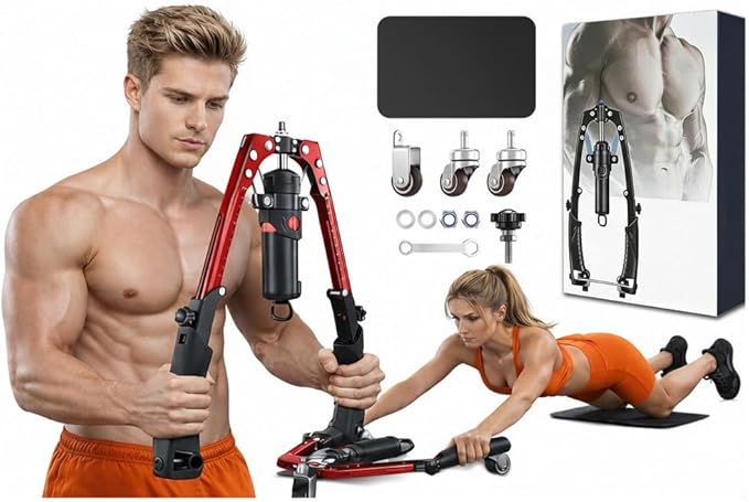 Adjustable Hydraulic Twister Arm Trainer,22-440 Lbs Power Chest Expander with Ab Roller Wheels,3-in-1 Upper Body Workout Equipment for Arm,Chest,Shoulders& Abdominal Strength Training,Red