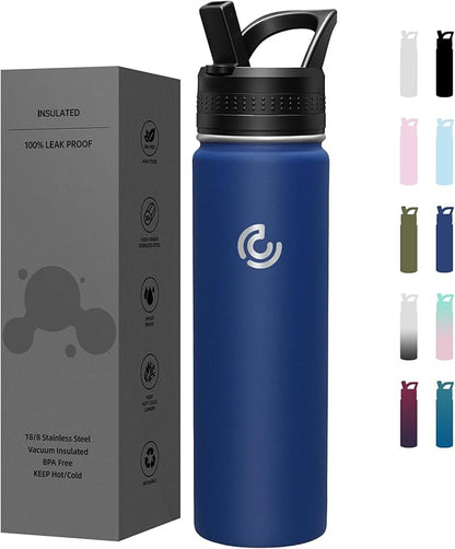 COKTIK 22oz Sports Water Bottle, Stainless Steel Water Bottle for Insulated, Reusable Travel Bottle, With Straw, With Handle Grip for Easy Carrying, Suitable for Cycling, Outdoor Vacations(Cobalt)