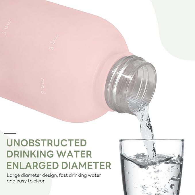 Water Bottle 32 oz, Frosted Style Sports Water Bottles BPA Free Water Bottle With Time Marker,Small mouth Leakproof Water Bottles with Strap for Gym Fitness Hiking Bike Camping (Pink-1)