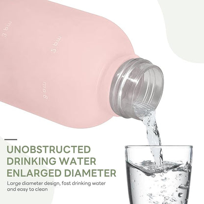 Water Bottle 32 oz, Frosted Style Sports Water Bottles BPA Free Water Bottle With Time Marker,Small mouth Leakproof Water Bottles with Strap for Gym Fitness Hiking Bike Camping (Pink-1)