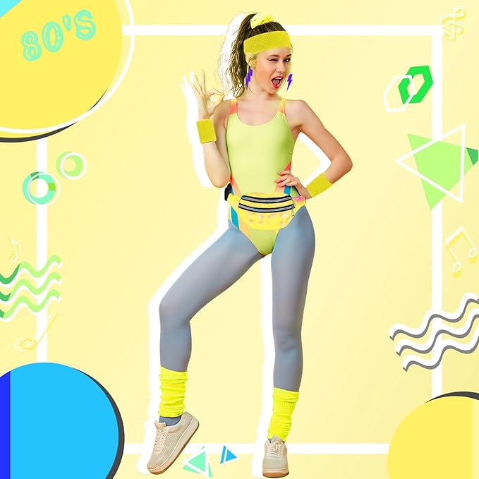 80s Neon Workout Costume Accessories Set 10 PCS Leg Warmers for Women 80s Headband Wristband Fanny Pack for Yoga Running
