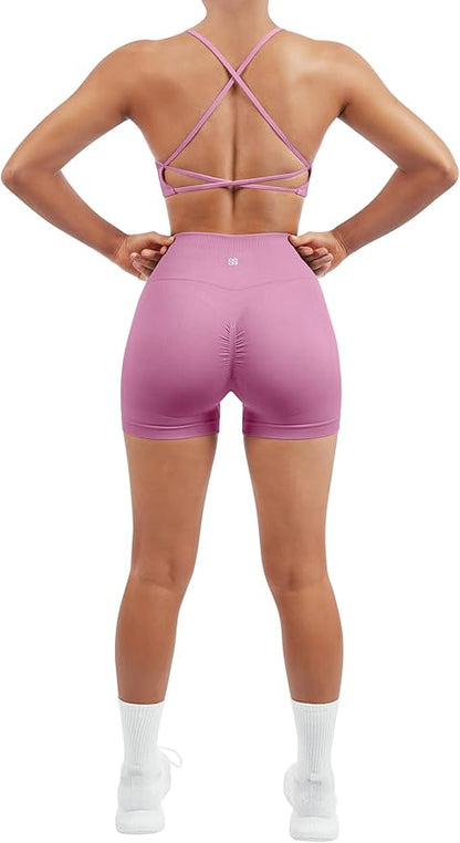 SUUKSESS Women Seamless Workout Sets Strappy Sports Bra High Waist Booty Shorts Outfits