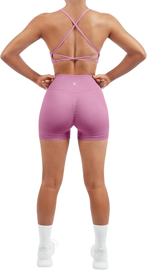 SUUKSESS Women Seamless Workout Sets Strappy Sports Bra High Waist Booty Shorts Outfits