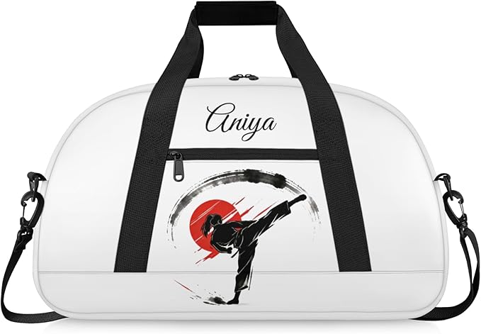 Custom Name Taekwondo Karate Duffle Bag for kids Girls - Personalized Martial Arts Gear Bag, Water-Resistant Sparring Equipment Bag, Taekwondo White