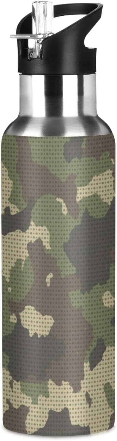 Camouflage Camo Point Water Bottle Vacuum Insulated Stainless Steel Mug Kids Water Bottle with Straw and Handle Keep Hot Cold Sport Bike Fit Travel Outdoor 20 oz