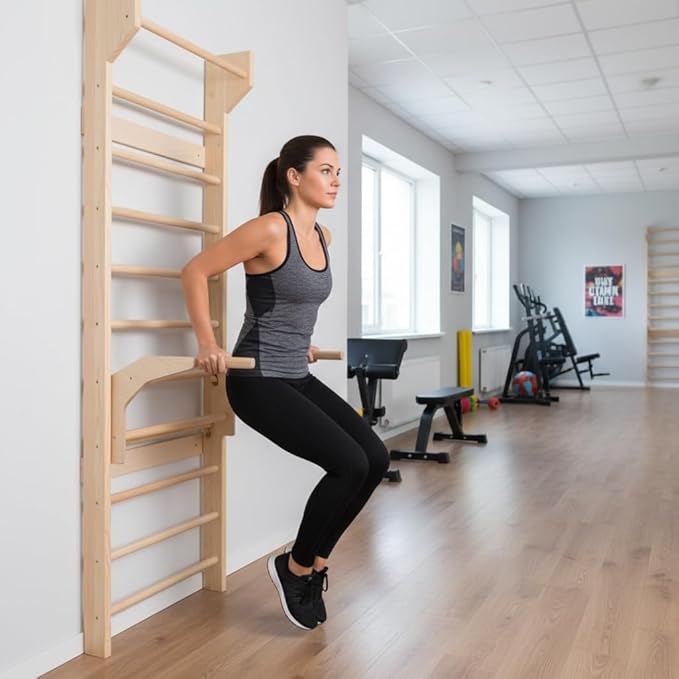 2in1 Wooden Wall Stall Bars with Pull Up bar and Dip Bar
