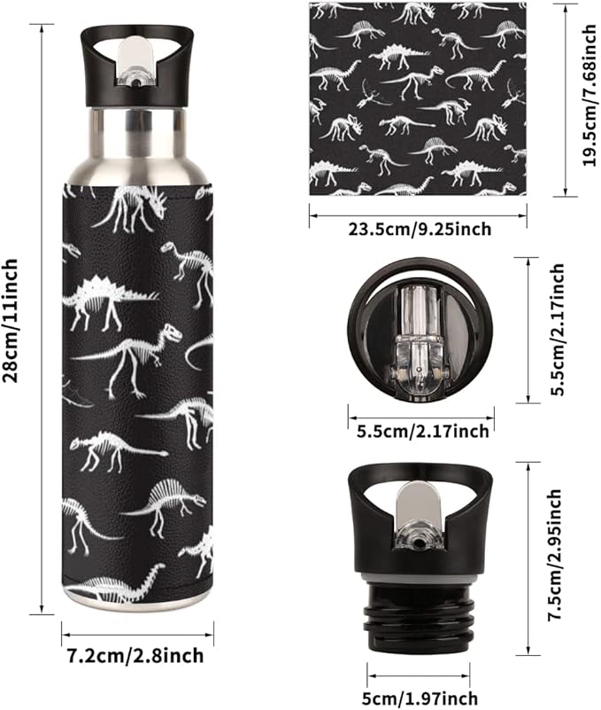 Insulated Stainless Steel Water Bottle with Straw 20oz Black Retro Dinosaur Bones Sports Water Bottles BPA Free Leakproof Metal Vacuum Flask Jug for Kids Gym Fitness