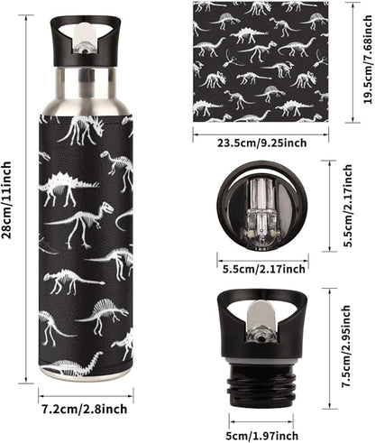 Insulated Stainless Steel Water Bottle with Straw 20oz Black Retro Dinosaur Bones Sports Water Bottles BPA Free Leakproof Metal Vacuum Flask Jug for Kids Gym Fitness