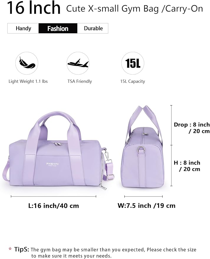 Sports Small Gym Bag for Women Girls Kids Duffle Bag for Fitness Workout, Travel, Dance, Ballet, Swim with Shoes Compartment & Waterproof Pocket, 16" Cute Purple