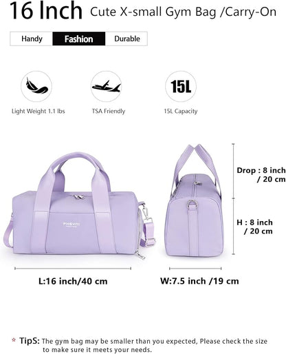 Sports Small Gym Bag for Women Girls Kids Duffle Bag for Fitness Workout, Travel, Dance, Ballet, Swim with Shoes Compartment & Waterproof Pocket, 16" Cute Purple