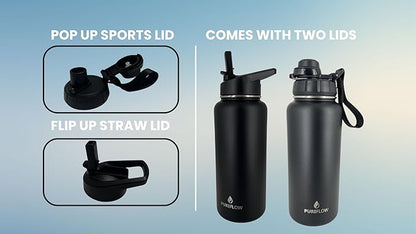 32oz Insulated Stainless Steel Water Bottle With 2 Leakproof Lids, Carrying Pouch, Double Wall Vacuum, BPA Free, Wide Mouth, Ideal for Gym, Fitness, Sports, Travel & Outdoors
