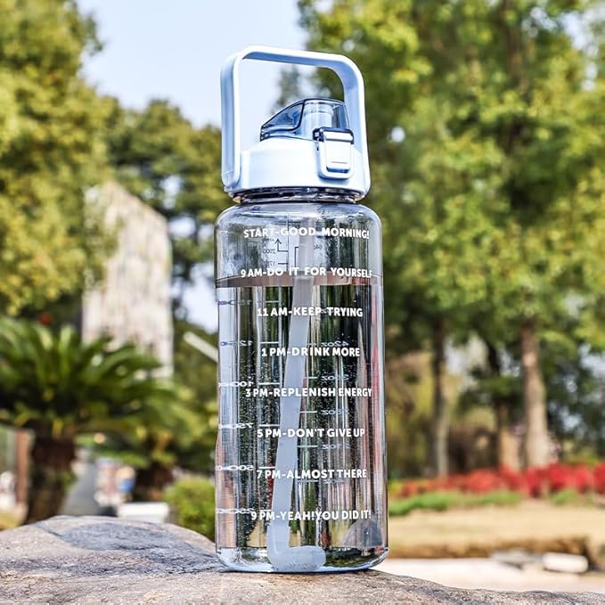 Large Capacity 2L Sports Water Bottle with Straw, Portable and Leakproof, Featuring Time Marker-Be