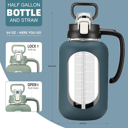 64 oz Glass Water Bottle with Handle and Straw Large 2L Water Bottle with Time Markers and Silicone Sleeve Half Gallon Water Jug BPA Free for Gym Daily Use