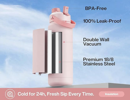 POWCAN 32 oz Insulated Water Bottle with 2-in-1 Straw and Spout Lid, Keep Cold 24H, Leak-Proof, BPA-Free, Double Wall Stainless Steel Water Bottle for Sports, Gym, Travel, Gift, Home (Rosy Bouquet)