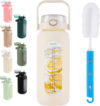 SIEROZUR 64 oz Glass Water Bottle with Straw and Handle Lid Half Gallon Motivational Glass Bottle with Silicone Sleeve and Time Marker Large Reusable Sports Water Jug for Gym Home Workout