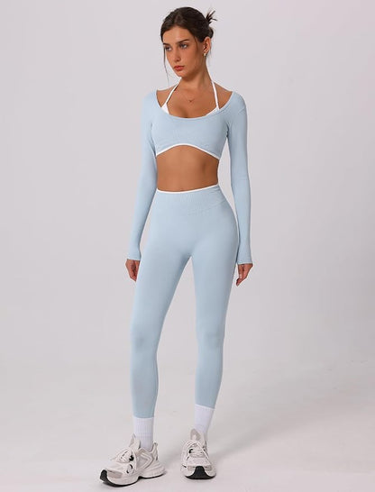 ABOCIW Workout Sets for Women Long Sleeve Crop Top Scrunch Butt Lifting High Waist Leggings 2 Piece Gym Yoga Outfits