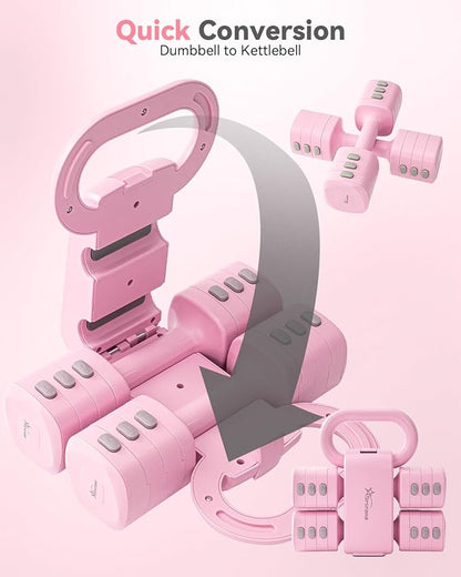 2-in-1 Adjustable Dumbbell & Kettlebell Set for Women (1.1-12.1 lbs), Quick-Change Free Weights for Home Gym, Pilates & Full Body Workout