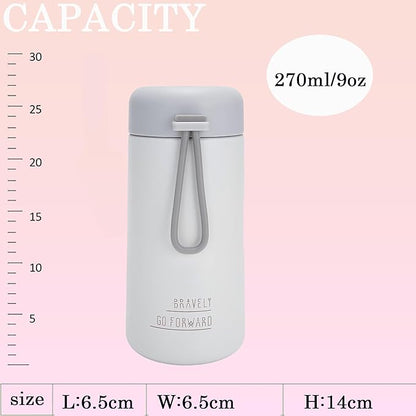 9oz Water Bottle Small Double Wall Insulated Mug,304 Stainless Steel for Hot&Cold Drinks,Leak Proof Water Bottle Vacuum Insulation with Carry Handle Beige