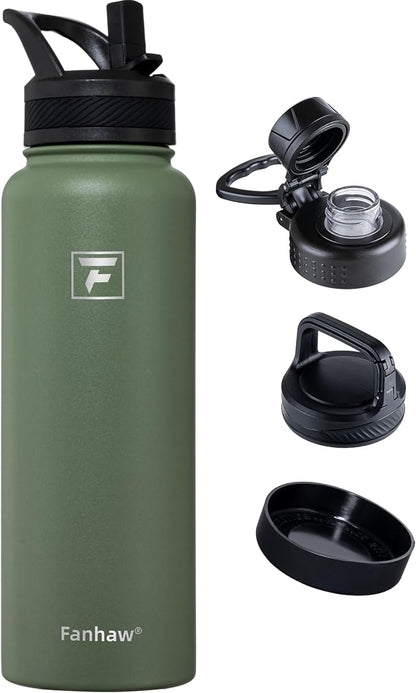 Fanhaw 40 oz Insulated Water Bottle – Stainless Steel Flask with 3 Lids (Straw, Spout, Carabiner) | Durable, Leakproof, for Hiking, Camping, Outdoor Adventures & Travel (Olive Green)