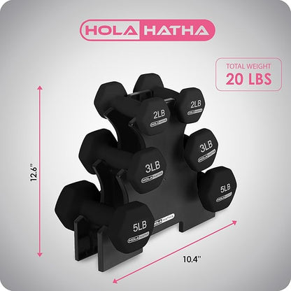 HolaHatha 2, 3, 5, 8, and 10 Pound Neoprene Dumbbell Free Hand Weight Set with Rack, Ideal for Home Exercises to Gain Tone and Definition, Pastel