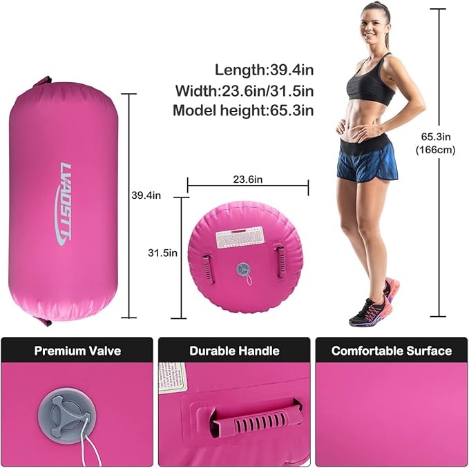 Gymnastics Tumbling Equipment Inflatable Air Roller Balance Cylinder with Pump, 0.6mm High-Density PVC, Air Barrel Trainer for Back Handspring, Cheerleading, Yoga & Gym Multiple Sizes 2.6FT–4FT Length